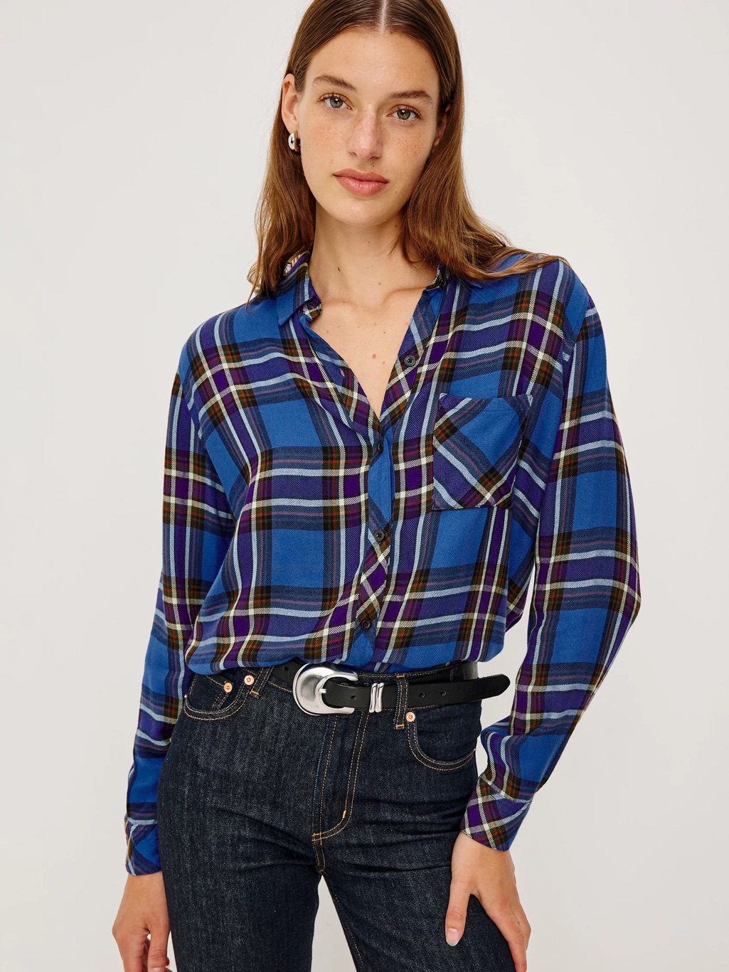 Rails Hunter Shirt Sapphire Indigo Blue Plaid Button Down Blouse | 100% Rayon